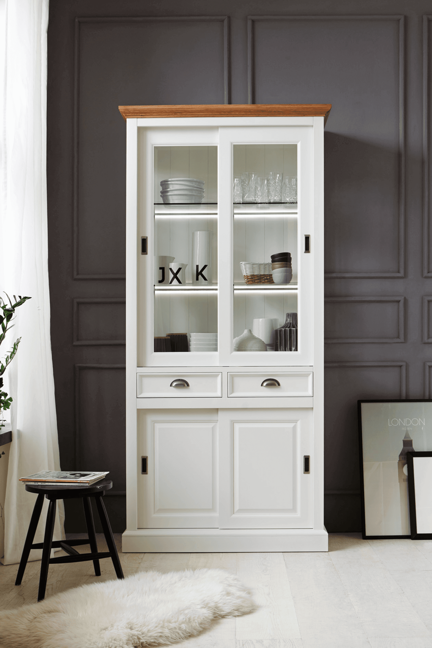 Oakdale 4 Sliding Door 2 Drawer Display Cabinet (Oak) - Main Image