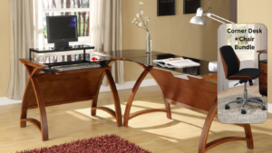 Caserta – Helsinki Corner Desk Set Walnut, Including Office Chair – 900mm Desk & 1300mm Table & Office Chair